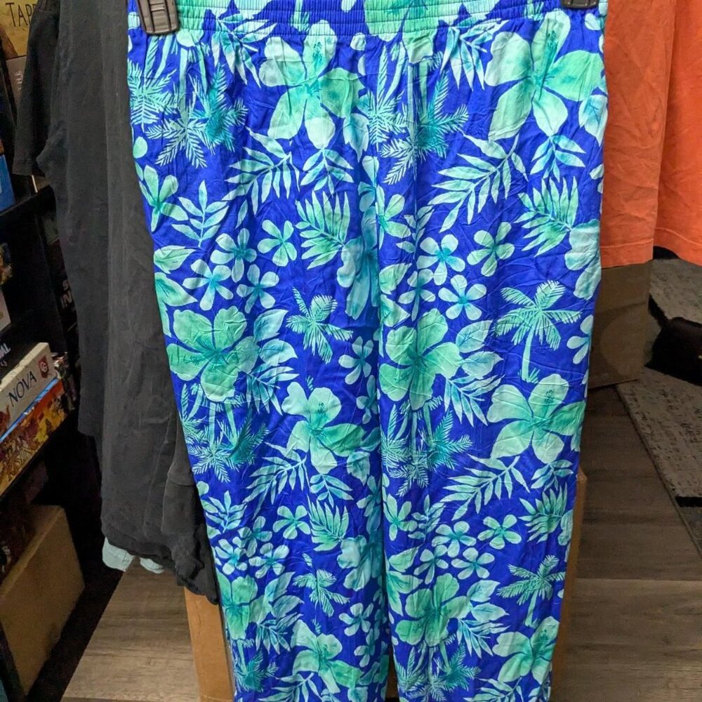 Paradiso Green & Blue Cropped Pants w/ Beaded Fringe Bottom Size M
